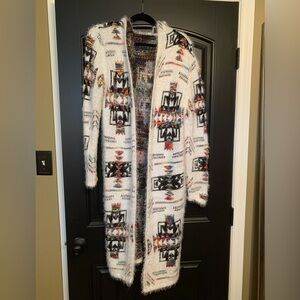 New! Long duster tribal Native American open front sweater with hood